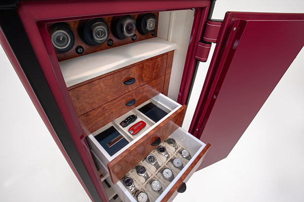 bespoke red leather safe with black stainless accents and interior with wood jewelry chest